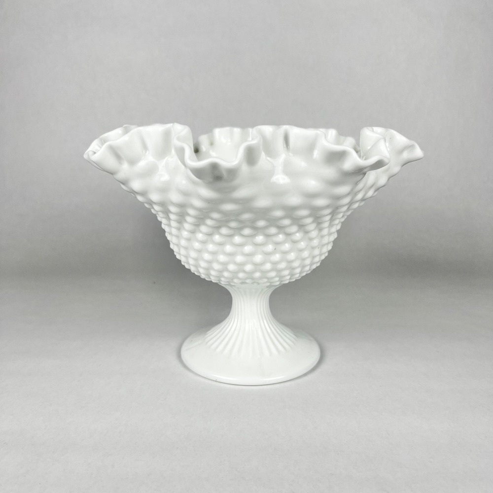 Fenton Hobnail Candy Dish Adult 7x9 White Good Vintage Ruffled Milk Glass Bowl